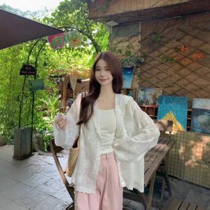 Real photo Korean white embroidered hooked hooded shirt for women with versatile loose long-sleeved cardigan sun protection top