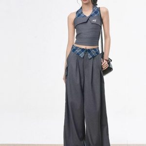 Month issue spliced ​​halter neck vest for women in spring and summer commuting wide-leg pants
