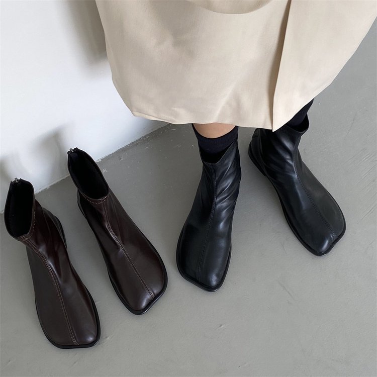 Mango boots Martin boots for women British style spring and autumn single boots square toe flat sole slim Chelsea short boots