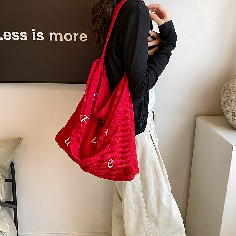 Niche design letter embroidered tote cloth bag corduroy shoulder bag crossbody bag large capacity casual bag