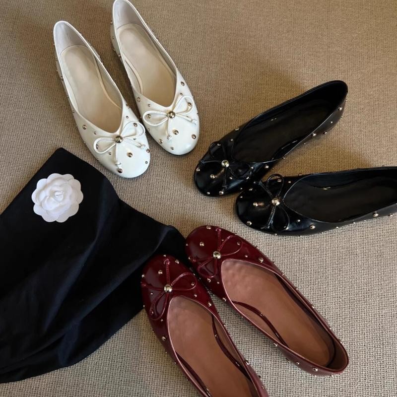Fashionable rivet bows shallow mouth flat shoes for women French single shoes simple evening shoes