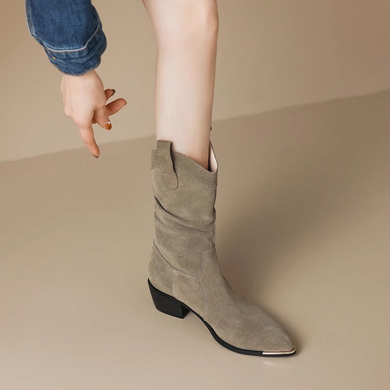 Frosted soft leather pile boots for women's autumn and winter pointed toe knight boots thick heel retro western denim boots