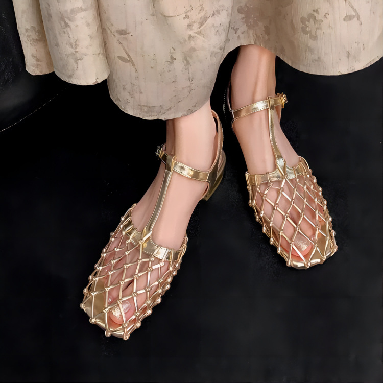 Hollow mesh gold thick heel sandals for women in summer French simple niche design bag-to-head one-liner shoes