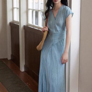 Eryang Design [Jinyan] imitation fried color texture short-sleeved dress for women commuting atmospheric and simple temperament long skirt
